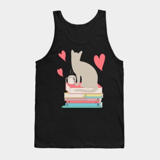 Cat silhouette coffee tea books hearts Tank Top